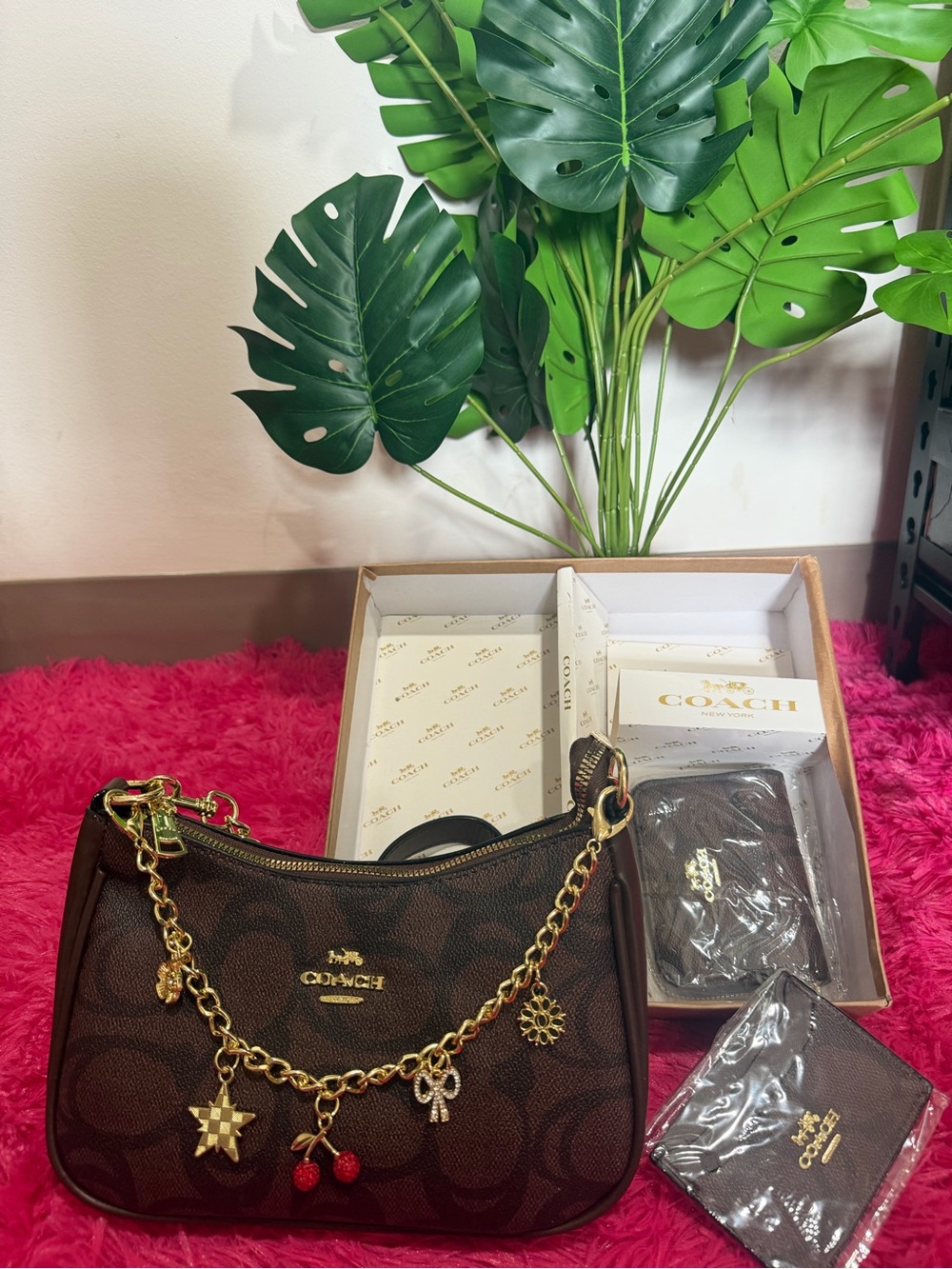 Coach Brown Signature Canvas Charm Wristlet with Gold-Tone Chain